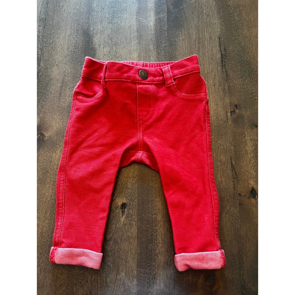 Old Navy Baby Red Denim Knit Pants 3-6 Months Elastic Waist Cuffed Jeans